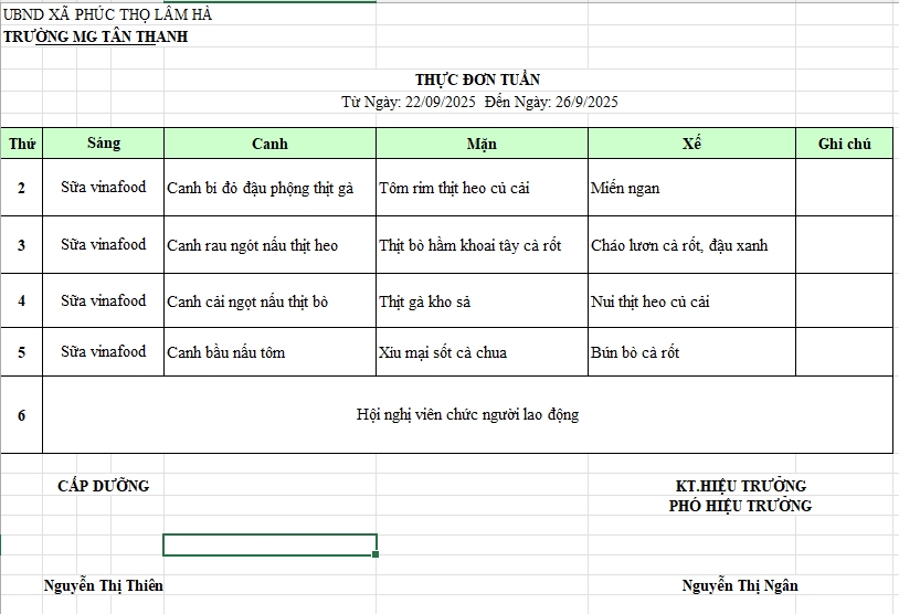 THỰC ĐƠN THÁNG 09