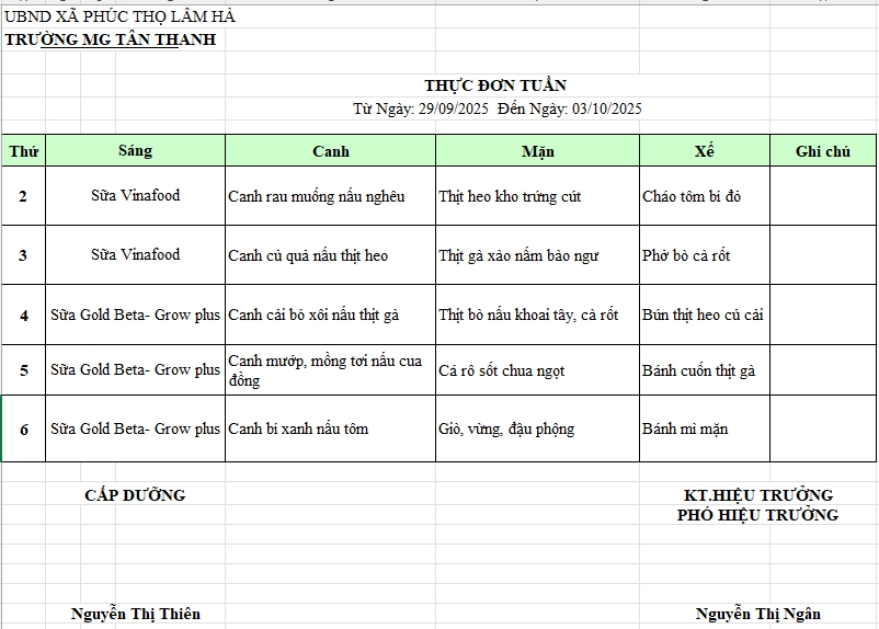 THỰC ĐƠN THÁNG 10